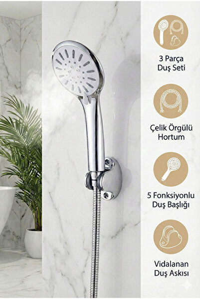 Plodna House Tazyikli Yüksek Basınçlı Duş Başlığı 150cm Çelik Örgülü Hortumlu...