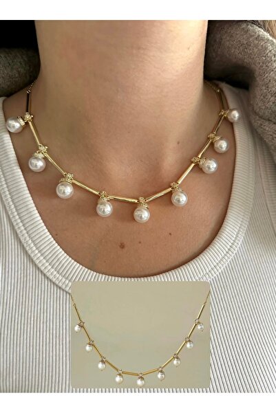 Charmist 14K Çelik Üzeri Altın Kaplama Özel Seri Tam Tur İnci Kolye