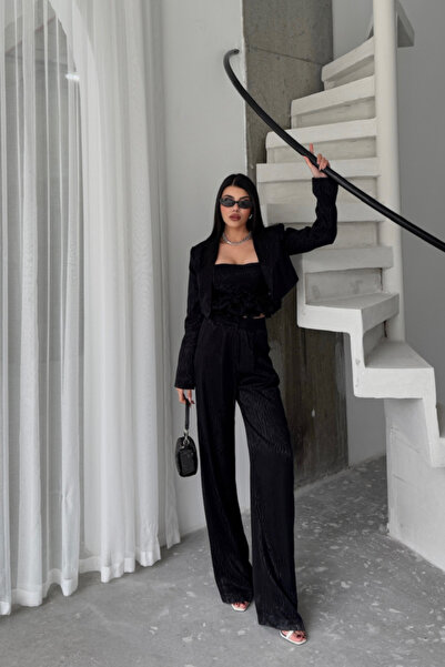 Giyimodam Jacquard Blouse Design Detail Jacket, Pants and Blouse 3-Piece Set