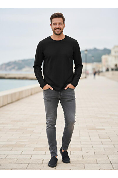 Runsales Men's Crew Neck Waffle Fabric Regular Fit Gray Sweatshirt