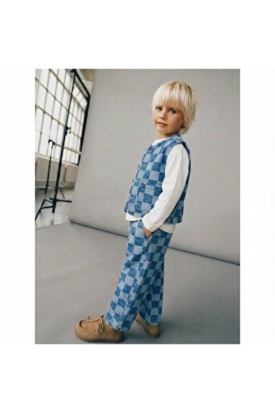 connemara Çocuk KARELİ Denim Yelek & Pantolon Takım — Rahat ve Şık Günlük Kombin