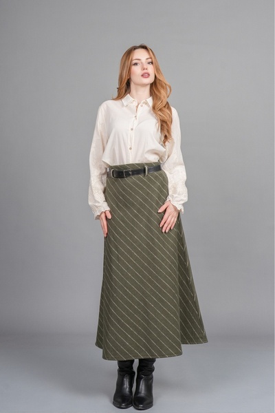 MissVina تنورة مخططة فاخرة – تفاصيل حزام، خصر مسطح، قصة عصرية 6853