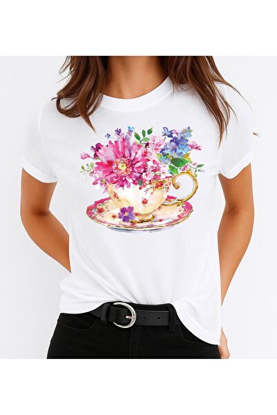 OEM Tricou damă din bumbac 100%, model floral, cupă