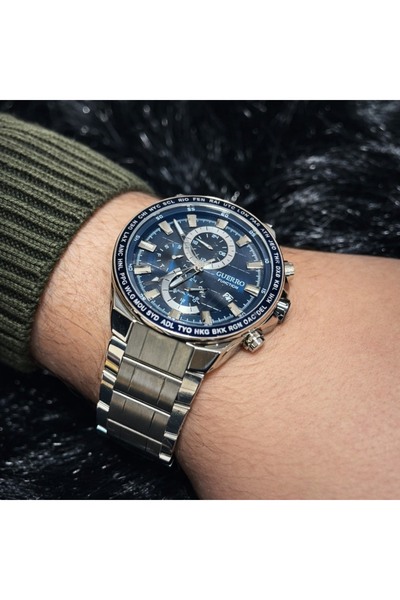 GUERRO Erkek Kol Saati Paslanmaz Çelik Kasa ve Kordon Lacivert Kadranlı Fonks...