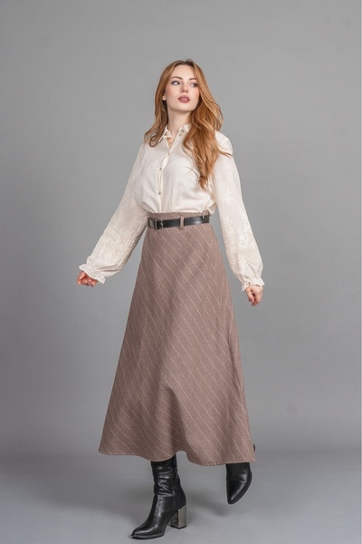 MissVina تنورة مخططة فاخرة – تفاصيل حزام، خصر مسطح، قصة عصرية 6853