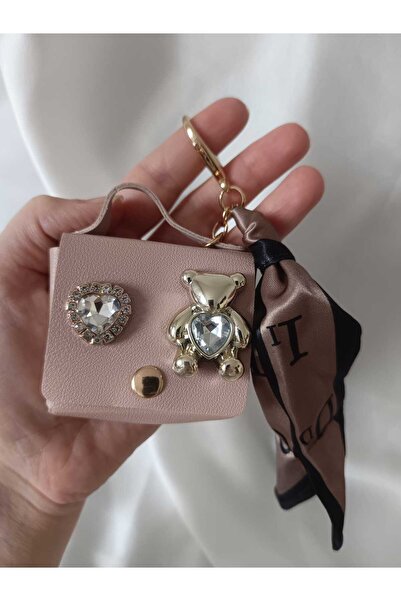 Mara Mini Bag Keychain with Stone Teddy Bear Detail – Heart Stone, Gold Metal...