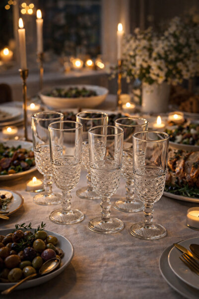 Evila 6 Kişilik Zarif Desenli Cam Kadeh Bardak Seti | Günlük ve Davet Sunumla...