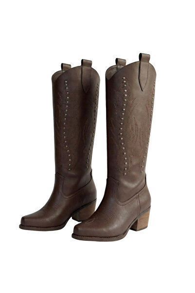 Barinoska Kadın Western Kovboy Çizme Nakışlı ve Zımba Detaylı Diz Altı Cilt D...