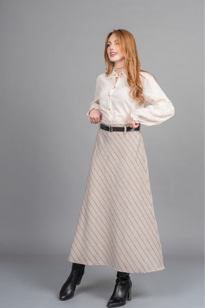 MissVina تنورة مخططة فاخرة – تفاصيل حزام، خصر مسطح، قصة عصرية 6853