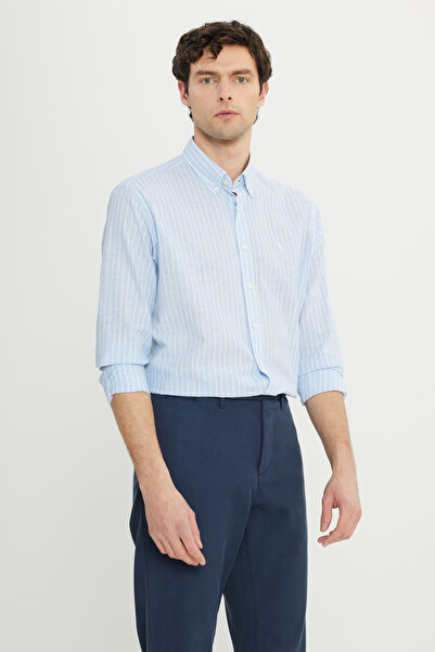 ALTINYILDIZ CLASSICS Men's Blue-White Cotton Linen Comfort Fit Relaxed Fit Bu...