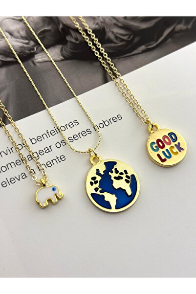 roshel 3'lü Gold Renk Kolye Seti Fil Dünya Good Lock Şans Sevgililer Günü Ann...