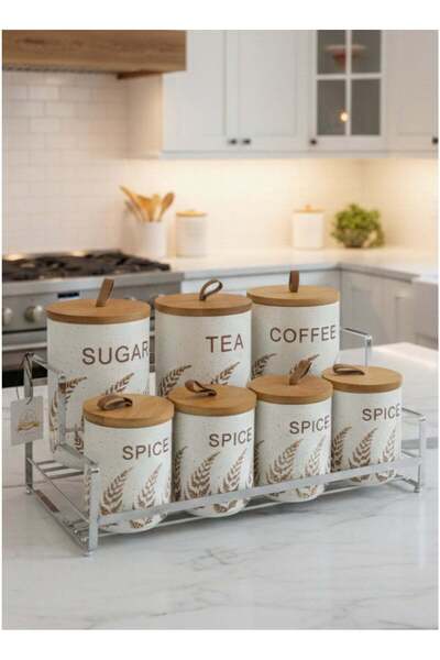 ALQANNAS 7Pcs Ceramic Jar Set with Bamboo Lids & Silver Metal Stand