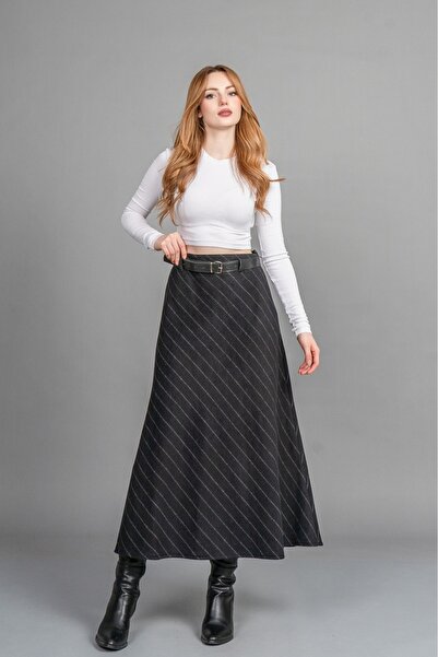 MissVina تنورة مخططة فاخرة – تفاصيل حزام، خصر مسطح، قصة عصرية 6853