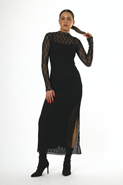 ABBRA Γυναικείο φόρεμα με μακρυμάνικο δαντέλα με επένδυση