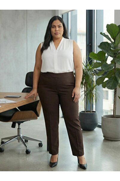 Zeromiss Plus Size Lightweight Skinny Leg Brown Trousers Without Pockets 3 Se...