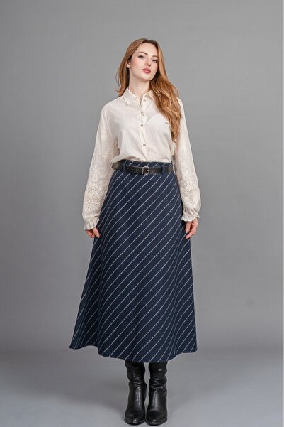 MissVina Premium Striped Skirt – Belt Detail, Straight Waist, Modern Cut 6853