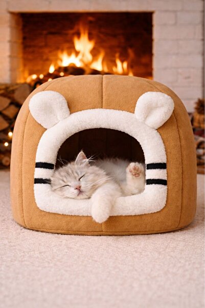 Oumo Bal Kabağı Kedi Evi Peluş Kapalı Kedi Yuvası Sıcak Kışlık Mağara Tipi Yu...