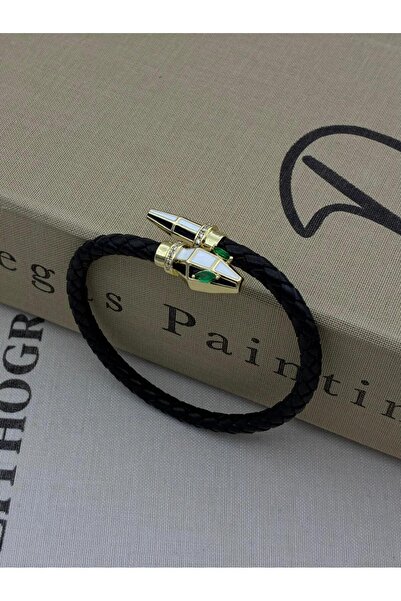 Hedef Bijuteri Gold Color Snake Detailed Green Zircon Stone Black Thread Brai...