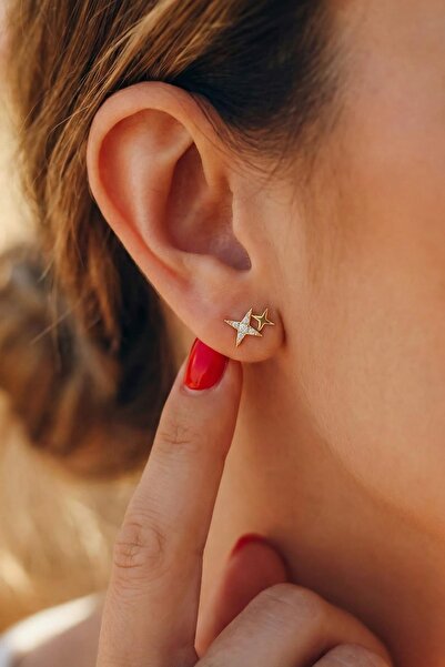 Fiyonk Kuyumculuk 14 Ayar Altın Işıltılı Minik İkili Taşlı Tasarım Yıldız Küp...