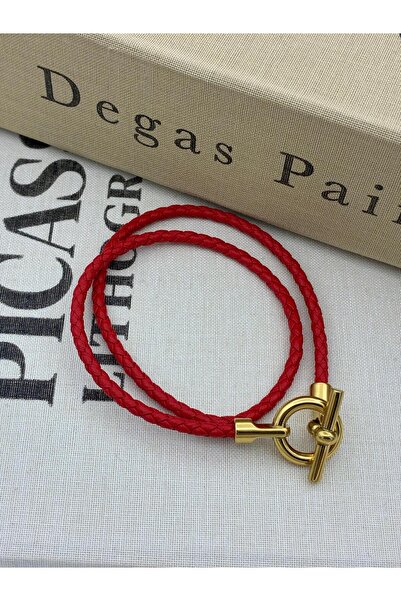 Hedef Bijuteri Burgundy Color Gold Round Detailed Double Row Rope Knit Detail...