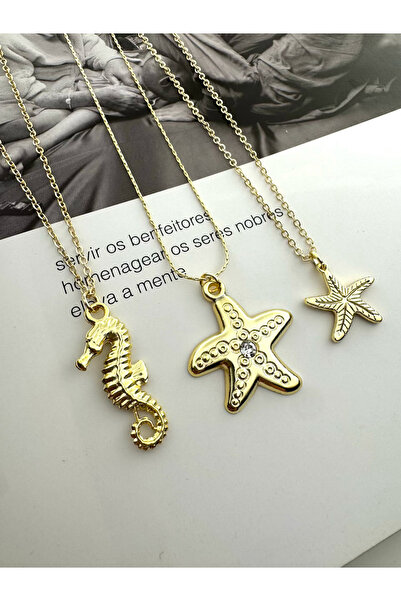 roshel مجموعة من 3 قلادات ذهبية اللون على شكل حصان البحر ونجم البحر هدية لعيد...