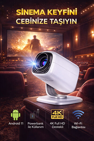 Weskam Android Projeksiyon Cihazı 1080P Ultra HD Powerbank Destekli Taşınabil...