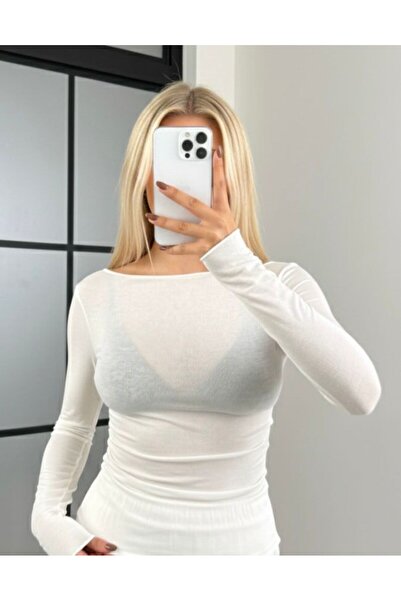 Linich&Co Boat Neck Long Sleeve Stretchy See-Through Blouse