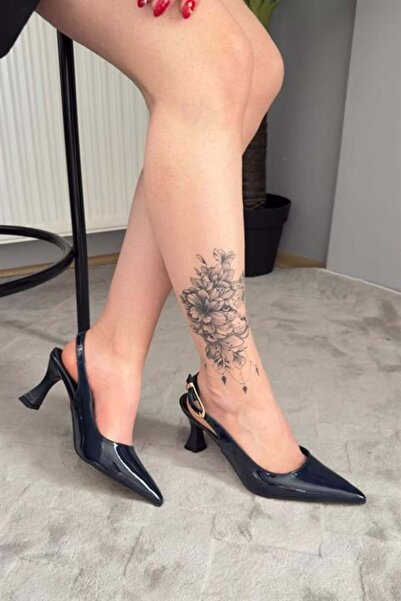 Les Passent Women's Motto Navy Blue Patent Leather Pointed Toe Open Back 8 cm...