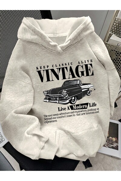 ZİYMO KAPÜŞONLU VINTAGE BASKILI SWEATSHİRT