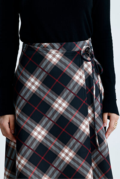 VOICTEC Plaid Pattern Puff Scuba Side Tie Zippered Stretch Fabric Flared Skirt