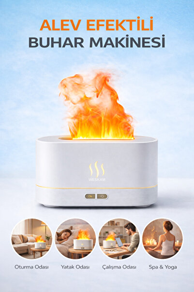 Weskam Alev Efektli Hava Nemlendirici ve Aroma Difüzör Sessiz Çalışma, LED Iş...