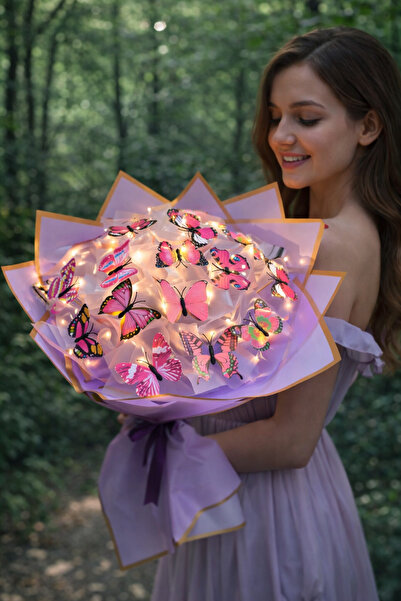 blackrosehediye Led Işıklı Lila Kelebek Buketi Sevgiliye Özel Hediye Çiçek Do...