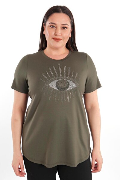 SERTUĞ Trend42Plus Eye Crystal Stone Short Sleeve Plus Size Viscose Khaki Wom...