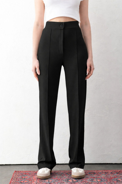 OLİZZA Women's Black Buttoned Modal High Waist Trousers |   Relaxed Fit, Stre...