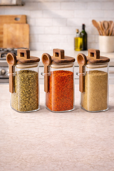 Kitchen Way Acacia Gasket Lid and Spoon 3-Piece Borosilicate 300ml Square Jar...
