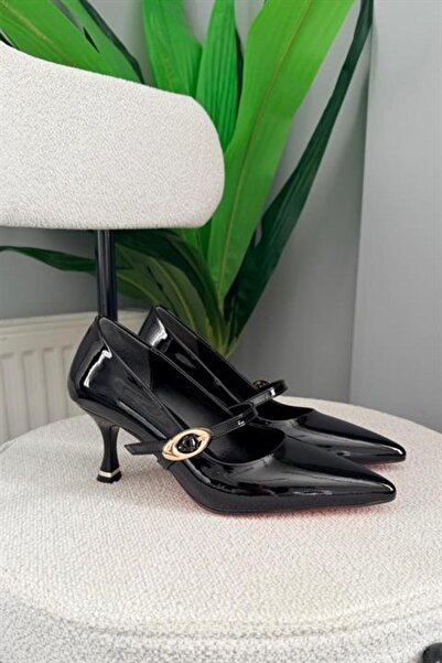 Les Passent Women's Sarah Black Patent Leather 7cm Thin Heel Front Buckle Shoes Stiletto