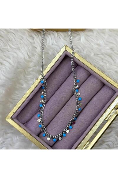 Store Turkuaz Mine Detaylı Gümüş Renk Pullu Çelik Kolye Kararmaz Paslanmaz Çe...