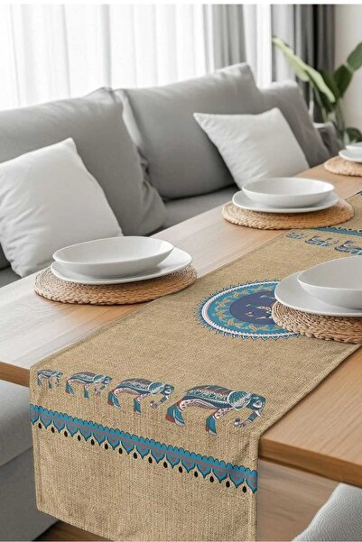 HM POLİSAJ Mavi Yolculukta Fil Adımları Dijital Baskılı Runner Kumaş 40*140cm