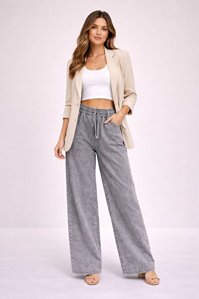MG GİYİM STORE Women's Elastic Waist Wide Leg Jeans Comfortable Fit