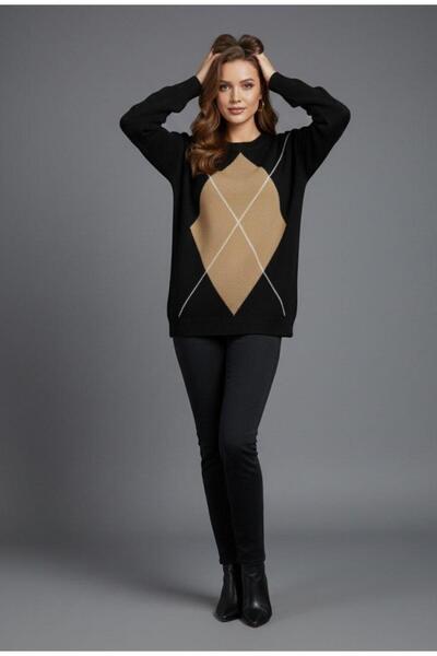 Cockatoo Women's Crew Neck Diamond Pattern Trendy Sweater Brown _Beige