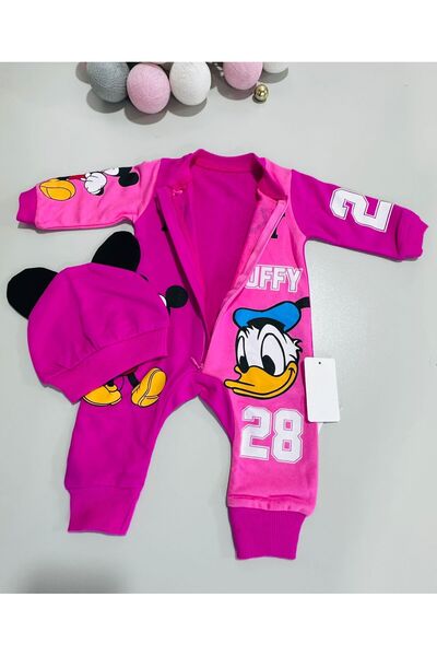 Sönmez Baby 28 BASKILI FERMUARLI TULUM VE KULAKLI ŞAPKASI İKİLİ BEBE TAKIM