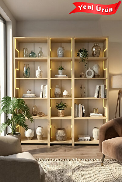 Platinreyon LABİRENT LEDLİ GENİŞ KİTAPLIK AÇIK MEŞE