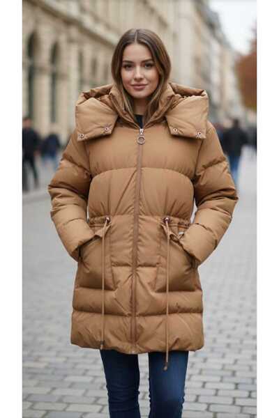 güncüoğlu Length 90 cm Fiber-Filled Hooded Pockets Inflatable Thick Women's Coat