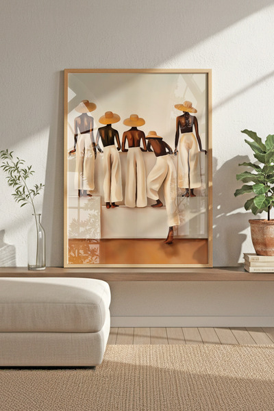 Buka Shops Modern Bohem Şapkalı Kadınlar - Ahşap Çerçeveli Tablo