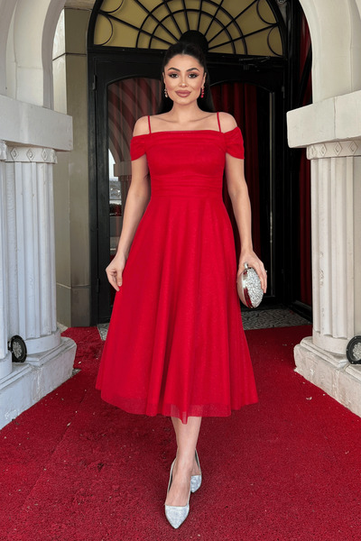 giyimmasalı Glitter Tulle Fabric Midi Dress - Red