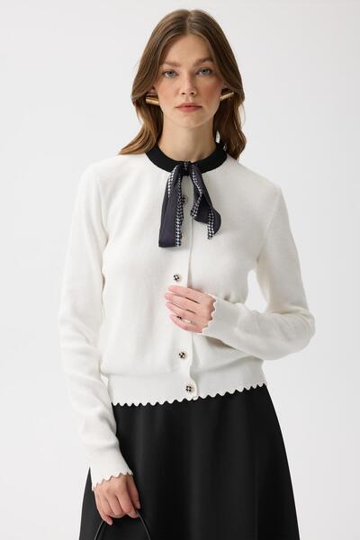 TENA Women's White Black Cardigan with Scarf Detail