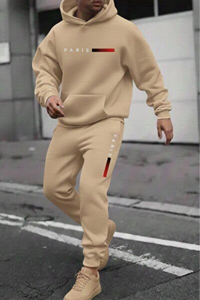 NO 601 Men's Beige Red Paris Printed Hooded Beige Sweatpants Set