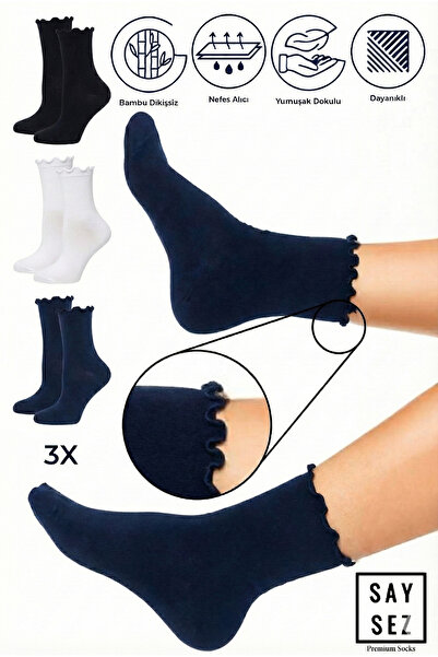 SAYSEZ Bamboo Women's Elasticless Navy Blue-Black-White Ruffled Socks Stitch-...