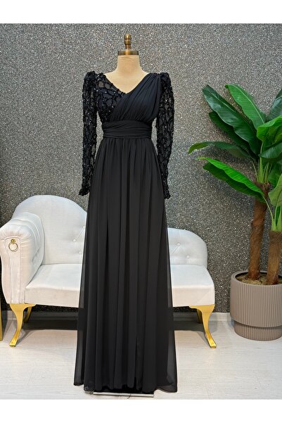 E&A Eren Abiye UZUN KOL V YAKA SIFON ELBISE