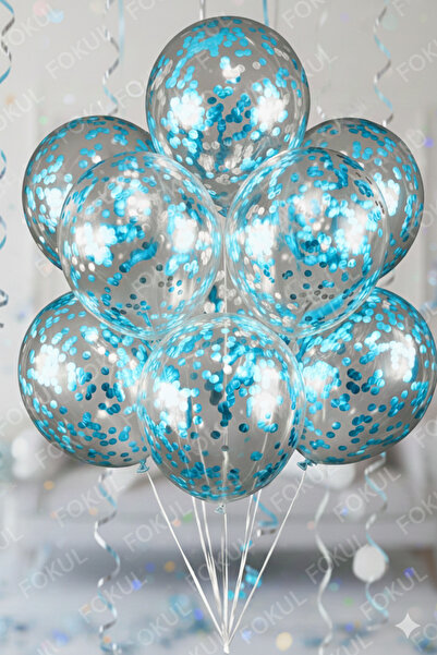 FOKUL Mavi Konfetili Şeffaf Balon Seti 10 Adet Doğum Günü Bride To Be Balon S...